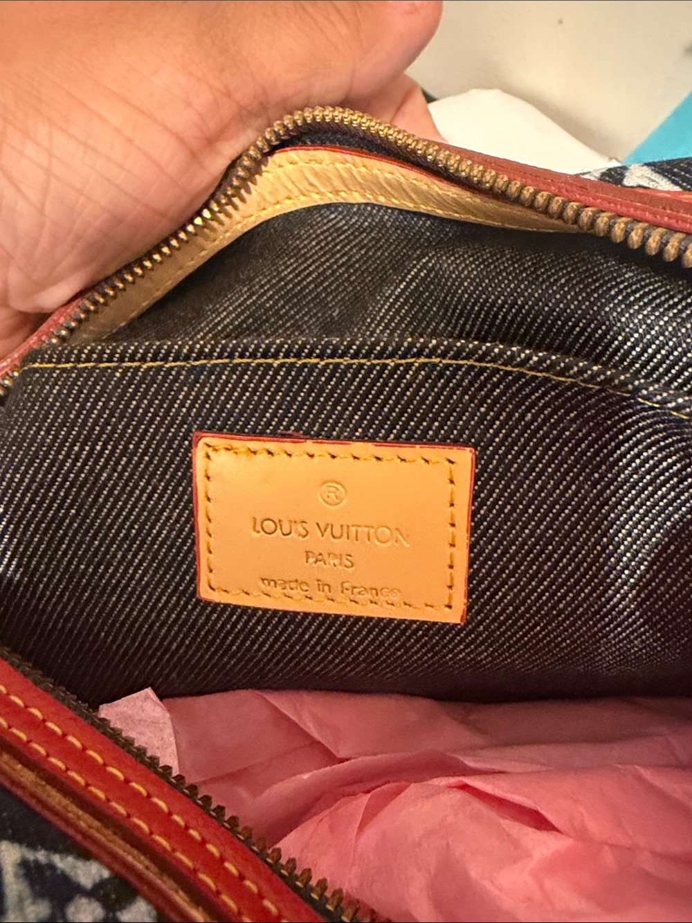 Vintage Louis Vuitton Blue Denim Monogram Satchel with Red Leather Trim - Picture 5 of 5